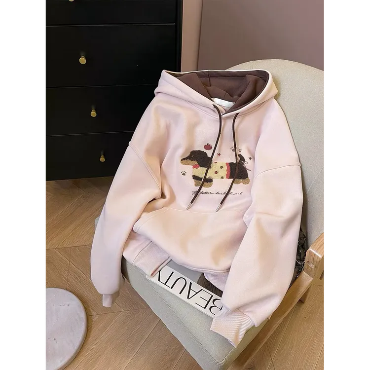 新款小狗刺绣加绒加厚连帽卫衣女2025秋季爆款小个子宽松外套上衣