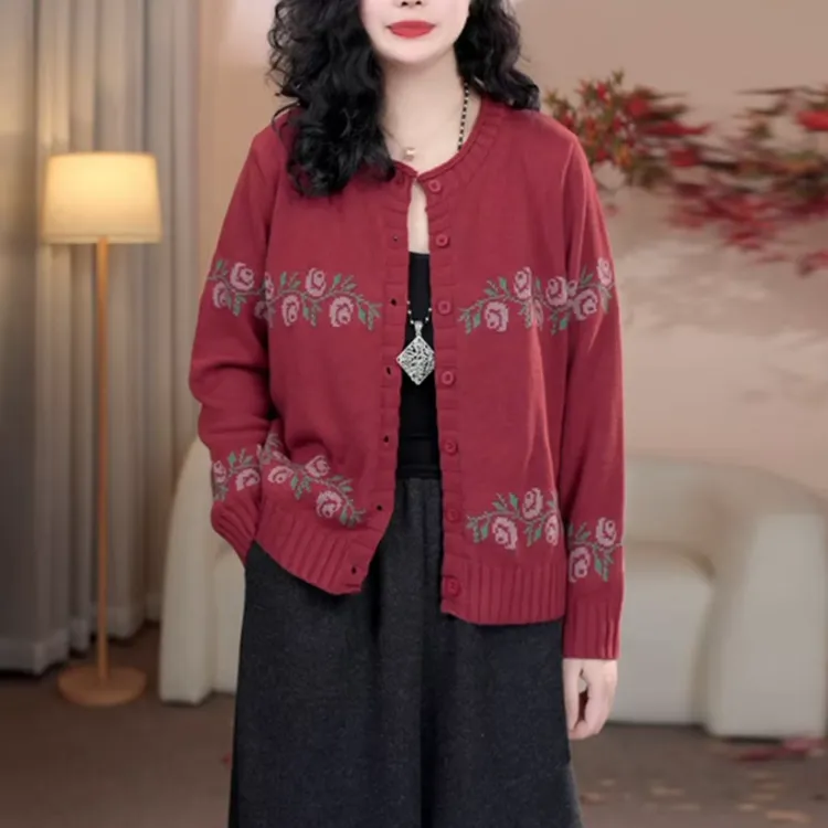 针织开衫女秋冬新款复古圆领短外套时尚百搭妈妈装宽松长袖上衣