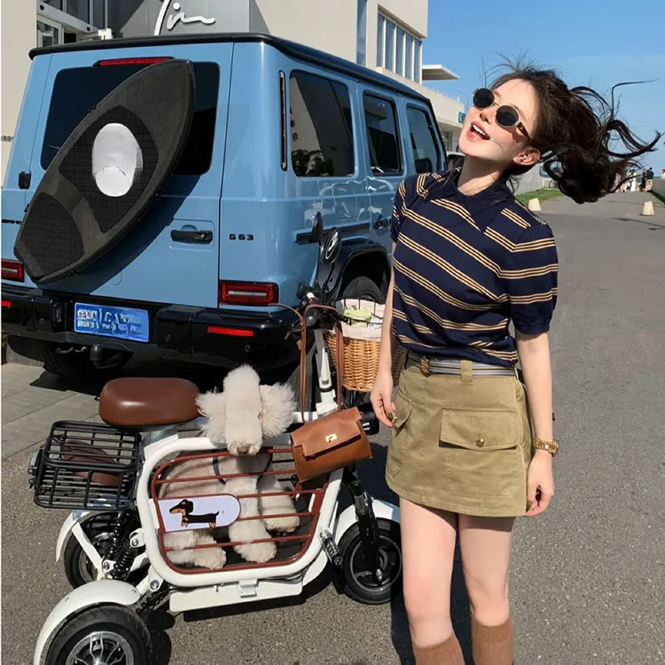 美式条纹polo衫短袖t恤女夏季别致正肩短款上衣搭配高腰工装短裙