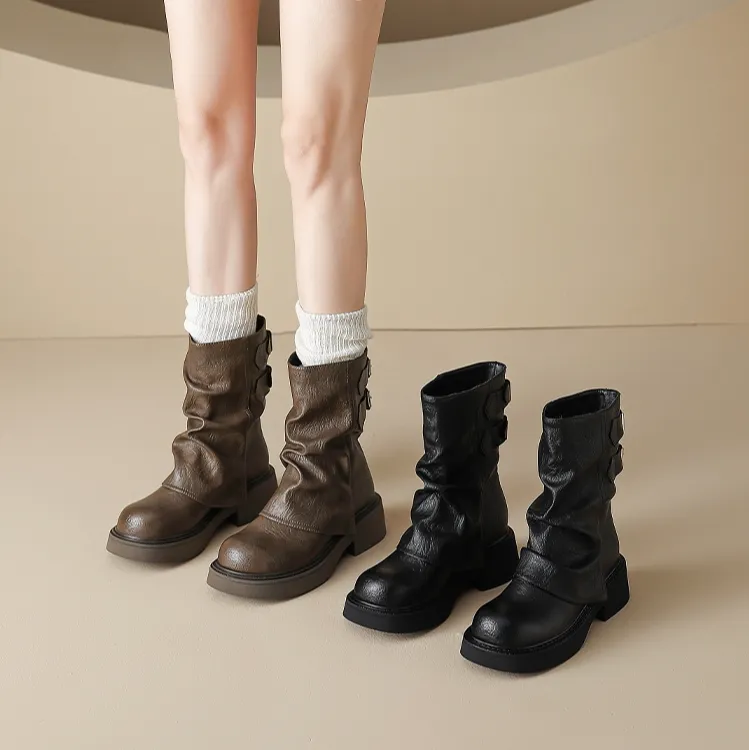 5CM~美拉德裤管靴女短靴2025新款秋冬百搭西部复古增高厚底马丁靴
