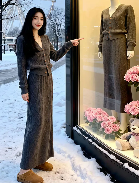 2025冬季超火一整套轻奢高级感减龄大方得体穿搭灰色针织衫套装裙