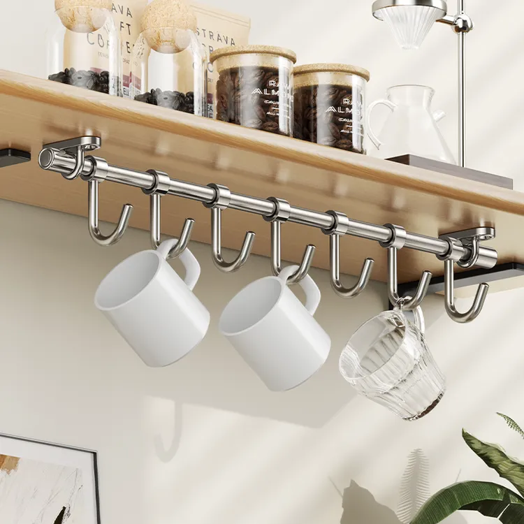 304不锈钢厨房挂钩橱柜顶装挂杯架免打孔多功能厨具锅铲勺子挂架