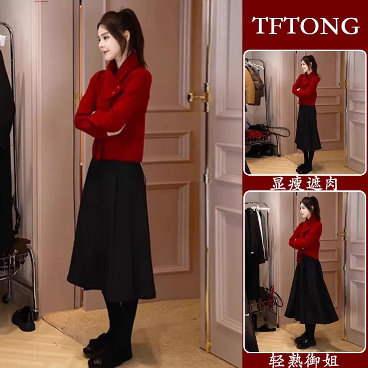 早春过年氛围感穿搭针织衫2025洋气红色围脖毛衣百搭牛仔裤子套装