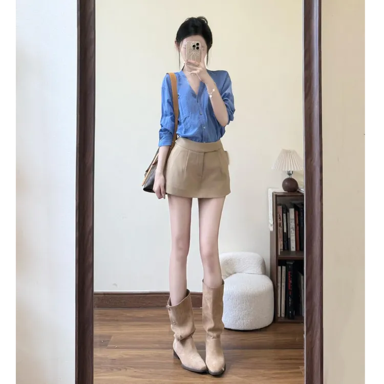 2025夏季新款老钱风V领衬衫女小个子夏宽松气质薄款上衣搭配短裙