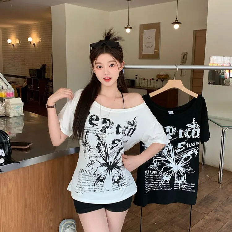 大码休闲短袖T恤女2025新款夏季露肩体恤胖MM遮肉显瘦设计感上衣