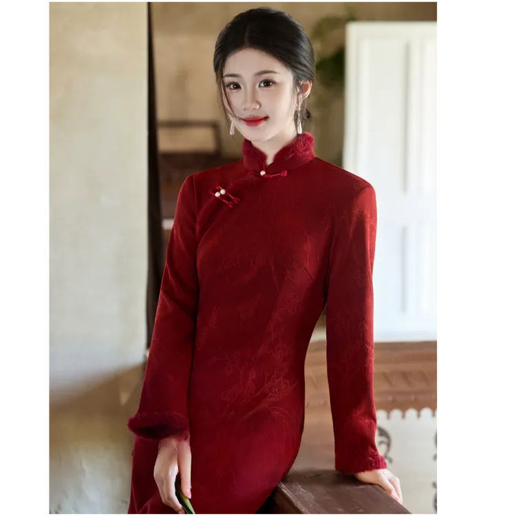 【醉雪】新中式旗袍敬酒服订婚红色连衣裙复古显瘦秋冬季日常可穿