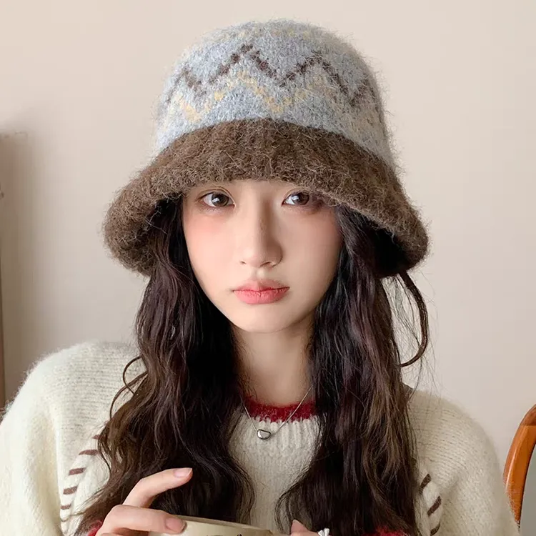 针织渔夫帽女冬季保暖帽费尔岛风护耳毛线帽2025新款大头围显脸小