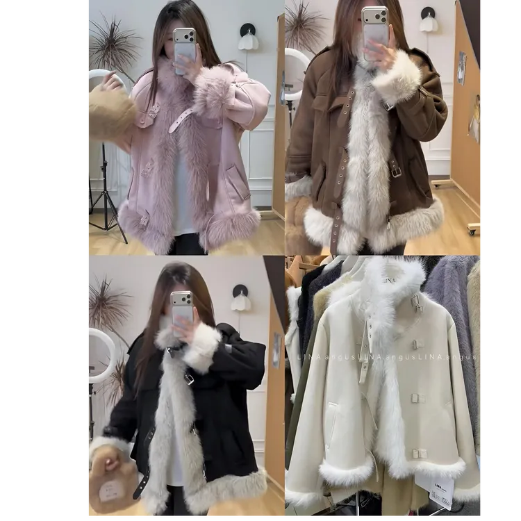 秋冬复古立领羊羔绒加厚皮毛机车胖mm显瘦保暖大码外套宽松美拉德