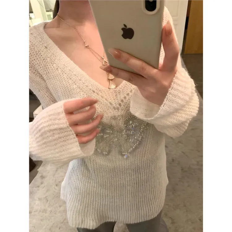 慵懒风白色镂空蝴蝶针织衫女装早春马海毛超好看v领毛衣套头上衣