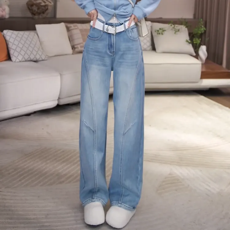 【冬季蓝牛】冬季新款阔腿时尚加厚加绒直筒牛仔裤高腰LK2508346