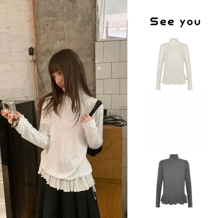 秋季百搭高领波点荷叶边密边打底衫女气质宽松长袖宽松上衣L3850