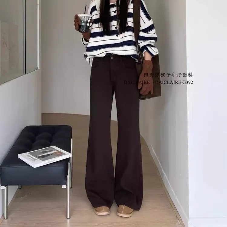 代嘉儿牛仔裤正品G392冬季咖色加绒显瘦阔腿裤微喇叭裤弹力筒喇裤