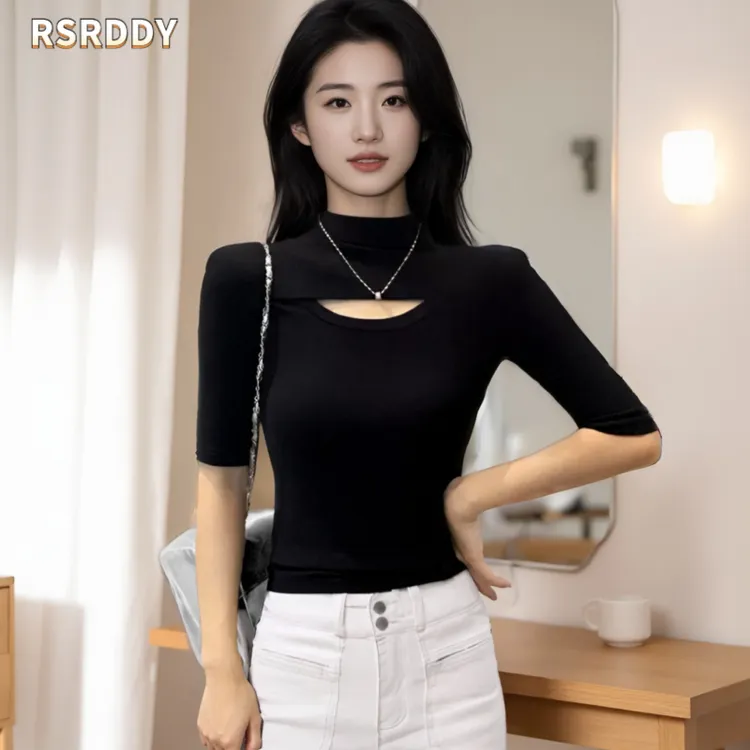 RSRDDY半高领镂空螺纹螺纹T恤中袖显瘦圆领紧身黑色t恤半袖上衣