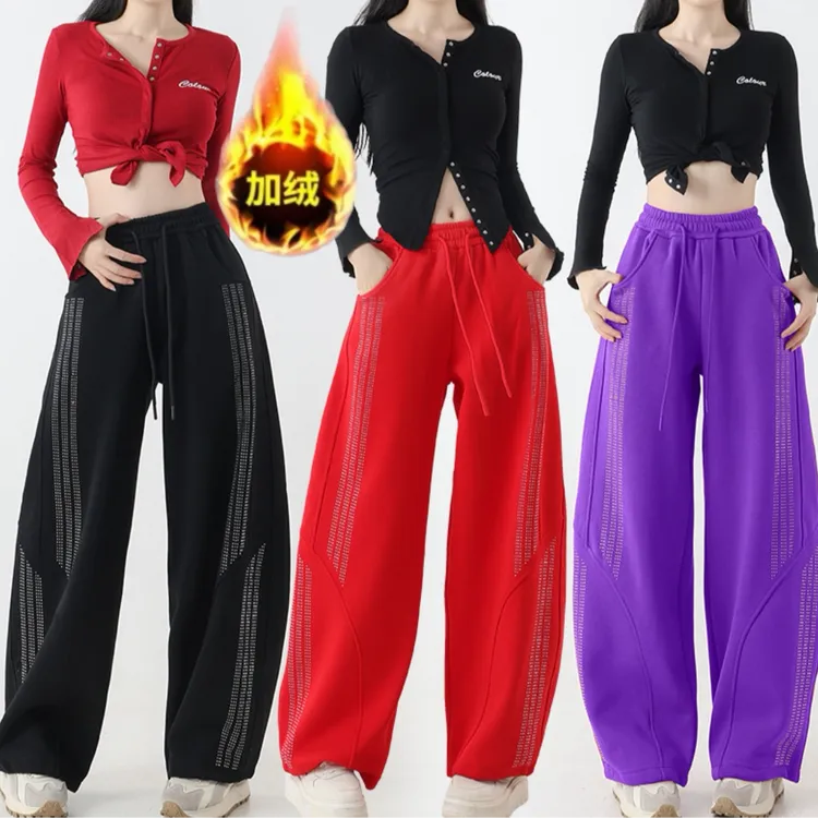 2025秋冬新款广场舞弯刀裤高档烫钻加厚加绒健身显瘦阔腿运动裤