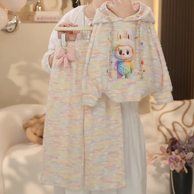 女童2025秋季新款洋气甜美彩虹连帽卫衣运动套装YY740