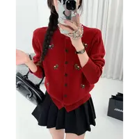 2025冬新款圆领小马刺绣复古宽松高级感长袖针织开衫外套女