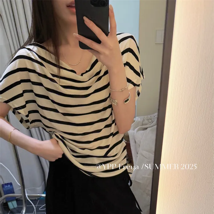 YPP!【条纹假期】韩系设计感慵懒黑杏条纹宽松显瘦百搭凉感上衣