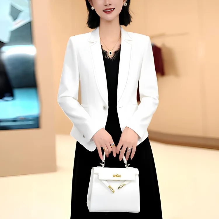 秋冬新款长袖女修身时尚通勤西装白色小西装高端职业装外套连衣裙