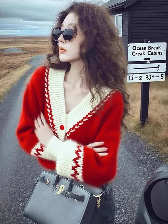 圣诞宽松保暖显白显瘦潮流时尚拼色v领红色上衣女2025冬毛衣开衫