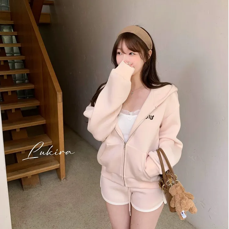 2025早春新款时尚套装常规连帽开衫拉链卫衣秋季显瘦韩版百搭女装