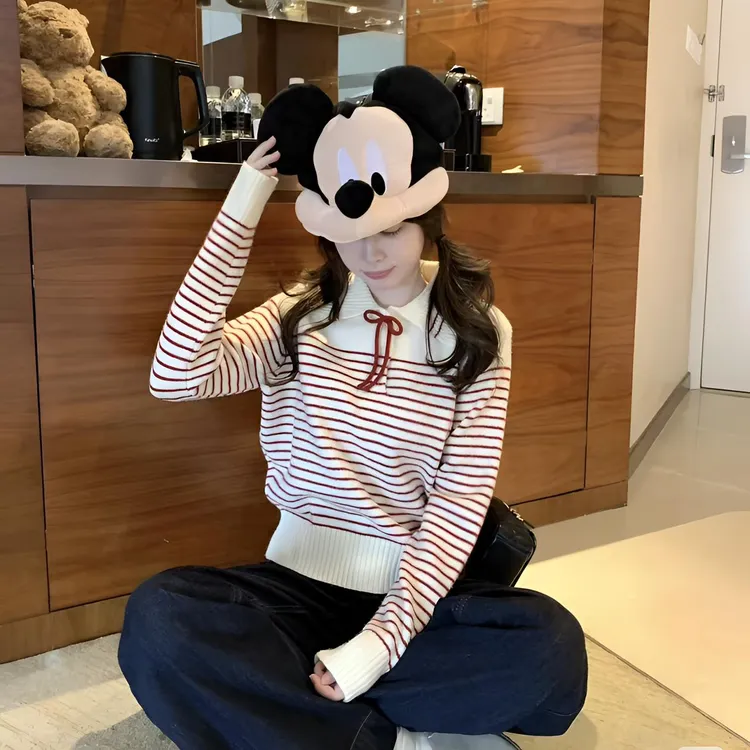 韩系翻领条纹针织绑带毛衣女2025秋冬新款减龄甜美百搭短款针织衫
