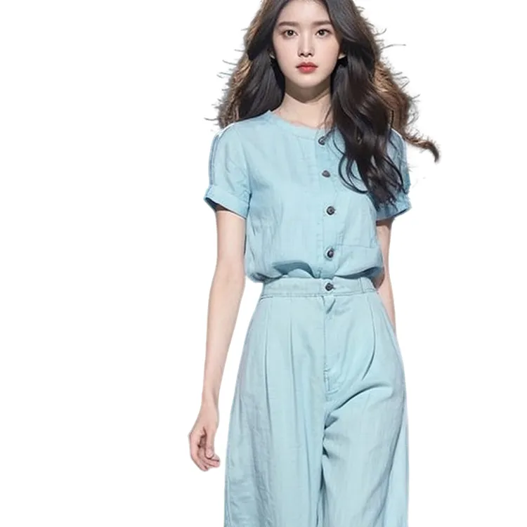外贸女装夏装穿搭一整套气质名媛高级感今年流行时尚蓝色衬衫阔腿