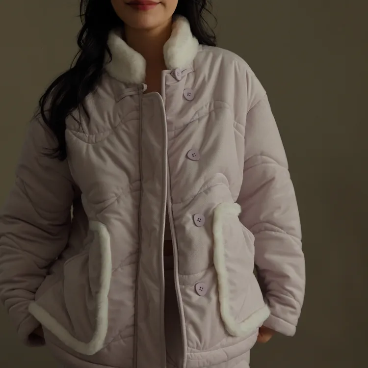 木苍子立领套装中式睡衣冬季加绒加厚三层夹棉家居服套装保暖棉服