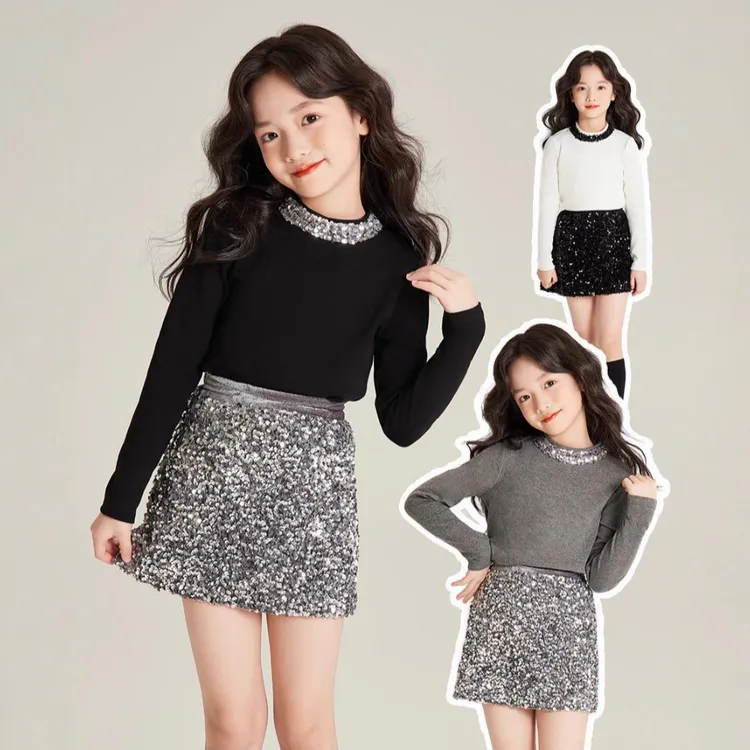 女童长袖轻奢潮流亮片拼接纯色磨毛打底衫春秋季新款儿童T恤上衣
