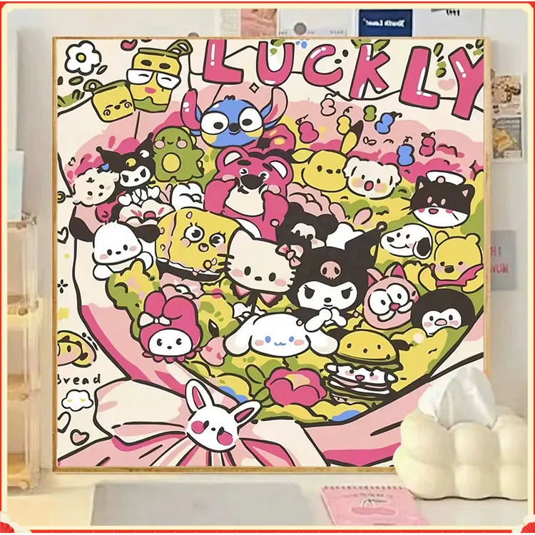 手工填色油彩画库洛米凯蒂猫装饰画儿童礼物卡通花束diy数字油画W