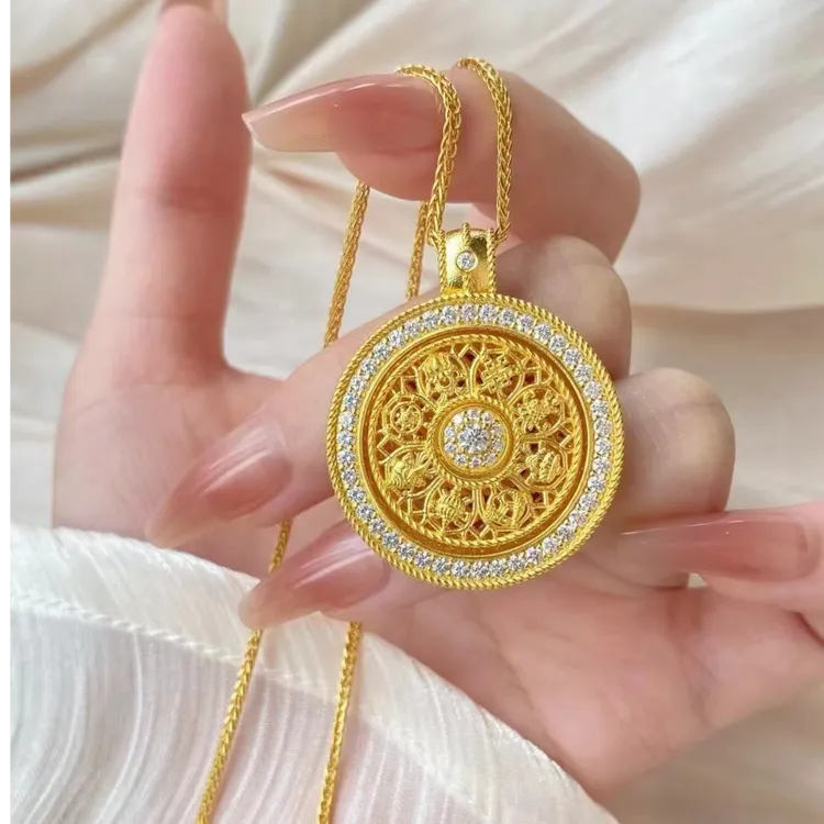 铜合金项链 镀k金新中式手工圆盘项链饰品八宝罗盘旋转古法吊坠