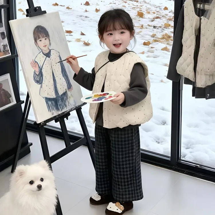 韩版女童加绒波点夹棉马甲外套花边打底衫2025冬季新款格子套装潮