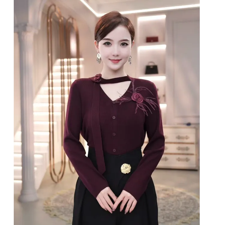 2025秋冬季新款【JR-16】含绵羊毛针织衫酒红色镂空设计内搭毛衣女