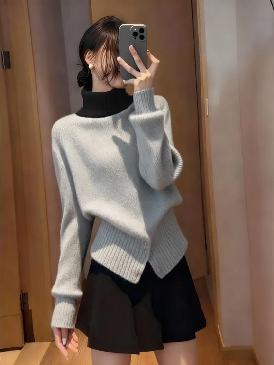 时尚慵懒风撞色高领毛衣女2025秋冬新款高级感百搭显瘦打底针织衫