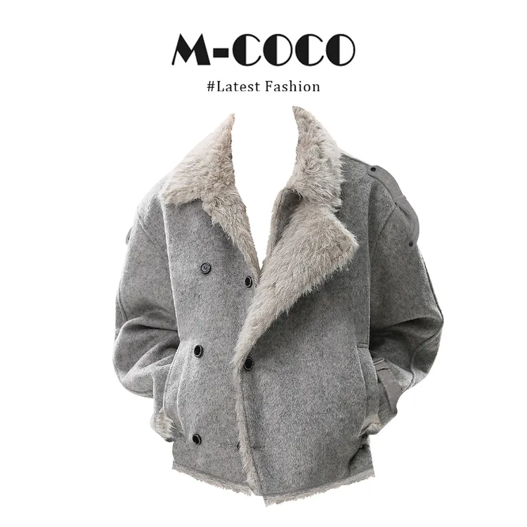 INS CEC韩系设计感羊羔绒毛呢外套女秋冬新款高级毛绒时尚上衣