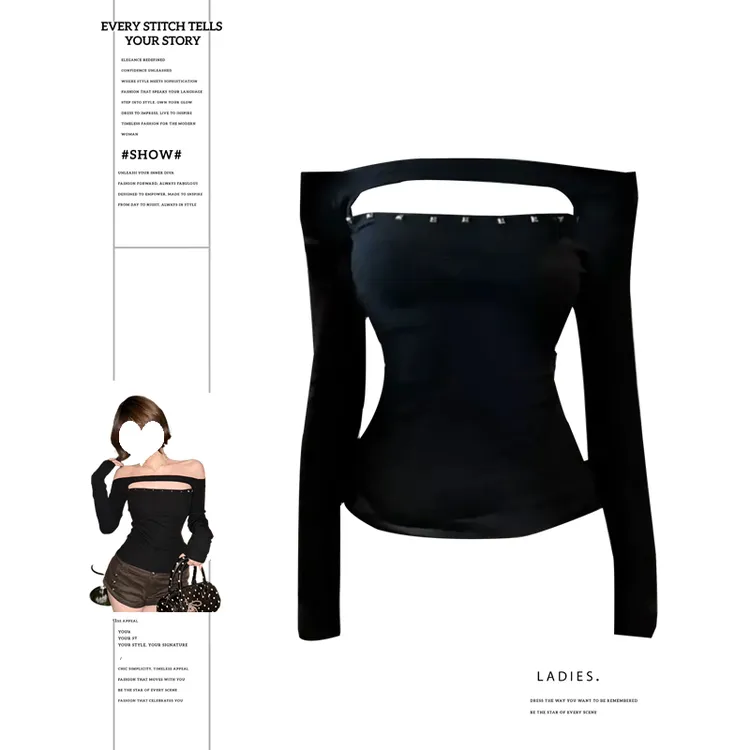 大码胖MM辣妹一字肩镂空长袖T恤女秋季修身设计感打底衫黑色上衣