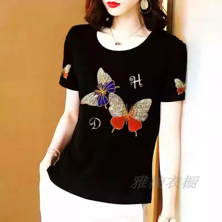 莫代尔棉短袖t恤女夏季宽松加肥加大重工烫钻中年妈妈洋气薄上衣