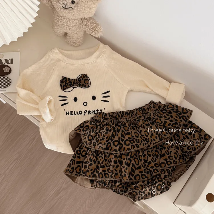 女童秋季卡通套装中小童KT猫咪蝴蝶结长袖上衣宝宝甜酷款豹纹裙裤