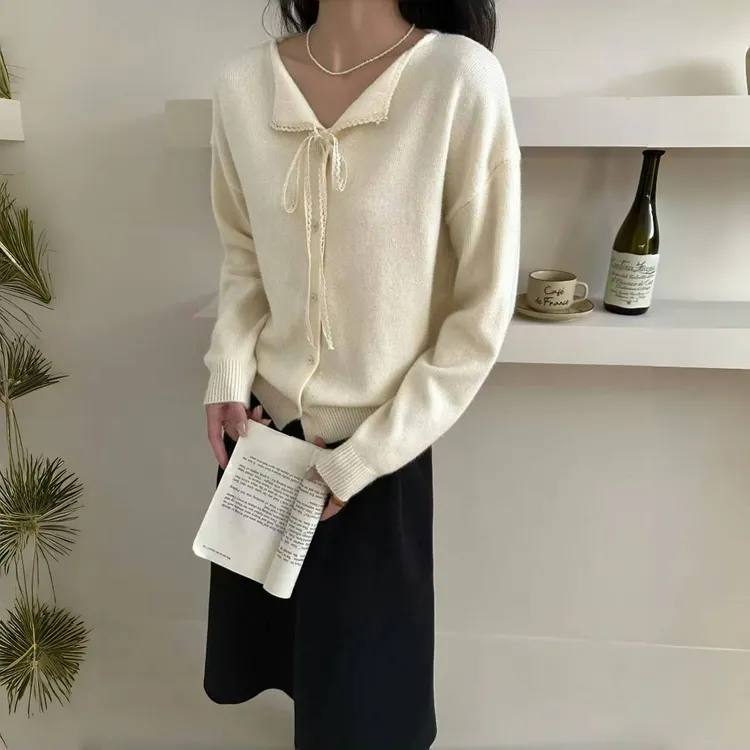 纯色女系带设计款针织拼接开衫秋冬季毛针织衫打底减龄时尚外披
