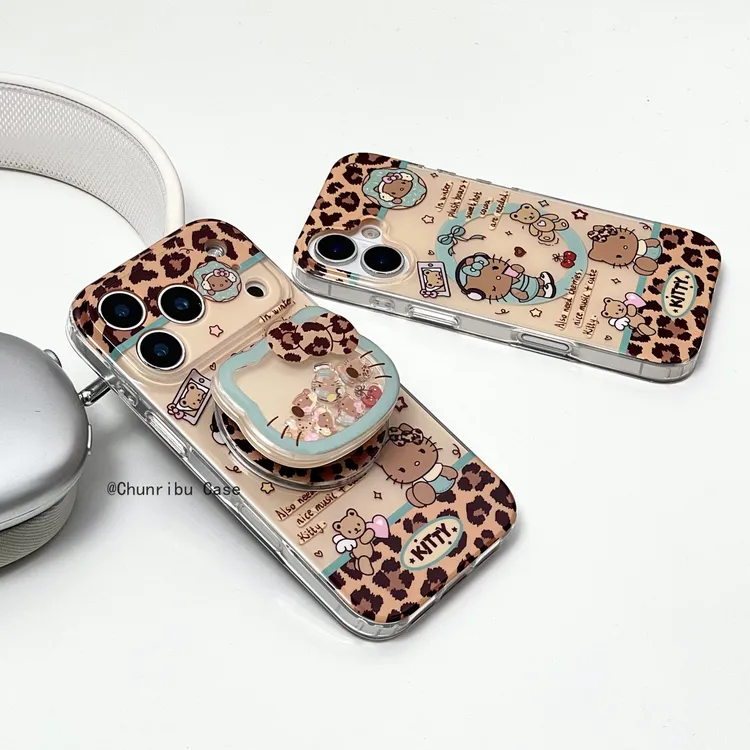 可爱卡通黑皮豹纹kitty适用苹果17/16promax手机壳磁吸15/14/13