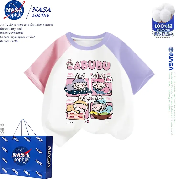 NASA拉布布休闲卡通男女儿童短袖夏季2025新款圆领纯棉T恤插肩袖