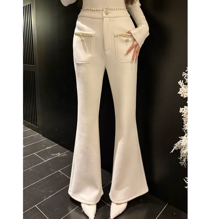 GUIDI GUDI【素纱留白】加绒气质小香风轻奢休闲微喇休闲裤/黄加蓝