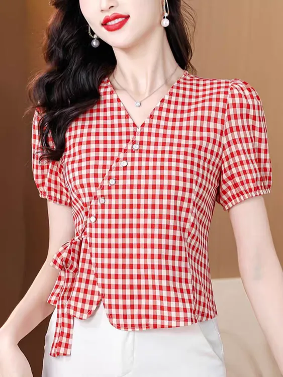 法式短袖衬衫设计感衬衣女夏季2025新款绑带收腰显瘦格子短款上衣