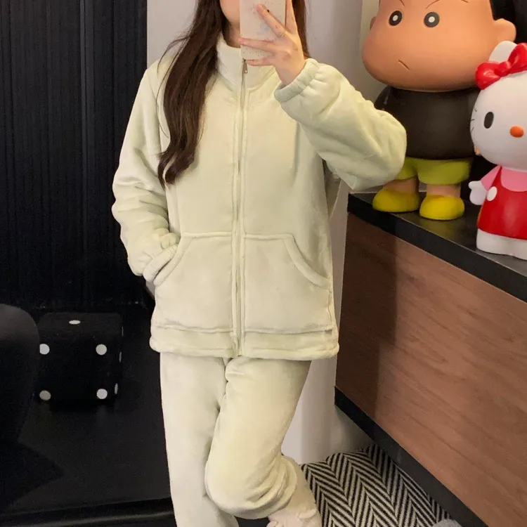 【双层加厚】秋冬季女款加绒加厚睡衣套装拉链款家居服可外穿