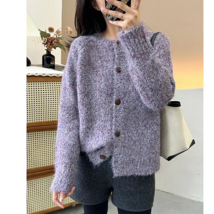 高级感超美复古花紫色圆领针织开衫韩系宽松软糯慵懒秋冬厚外套