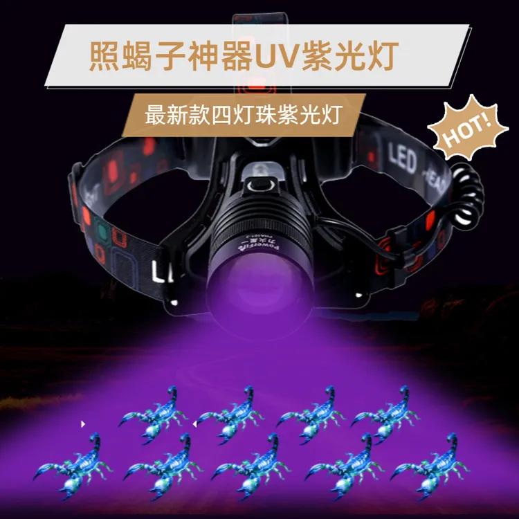 最新UV紫光灯照蝎子灯四颗紫光+白激光铝合金远光强光头灯