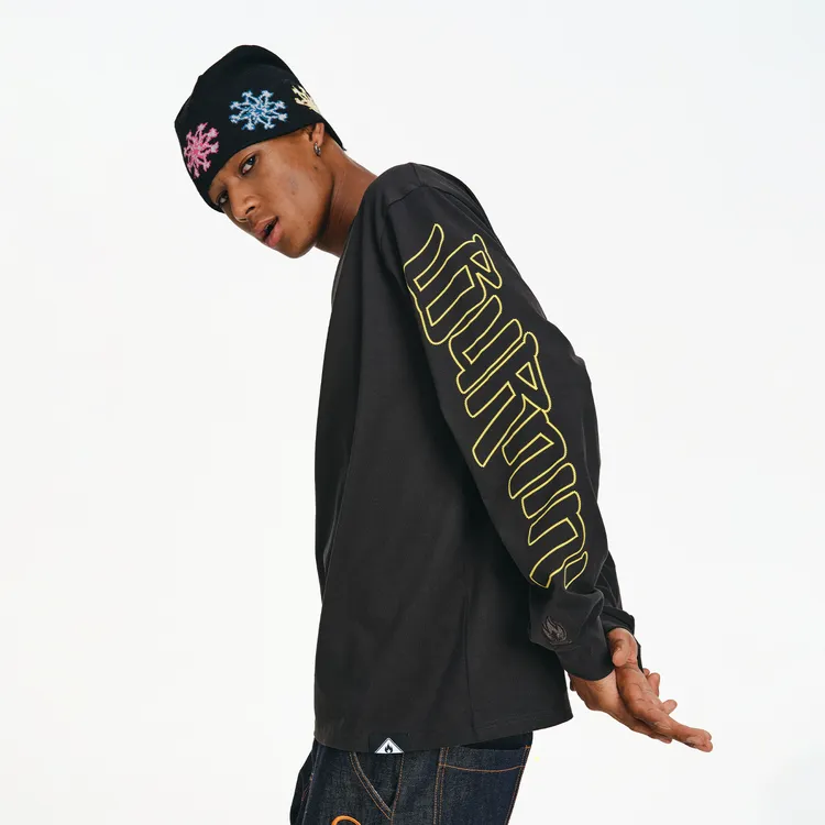 BURNIN*横排logo袖标长袖T恤小火苗休闲时尚百搭经典宽松潮流舒适