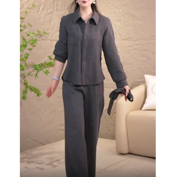 2025秋优雅百搭气质高端设计感POLO领时尚修身显瘦纯色套装两件套