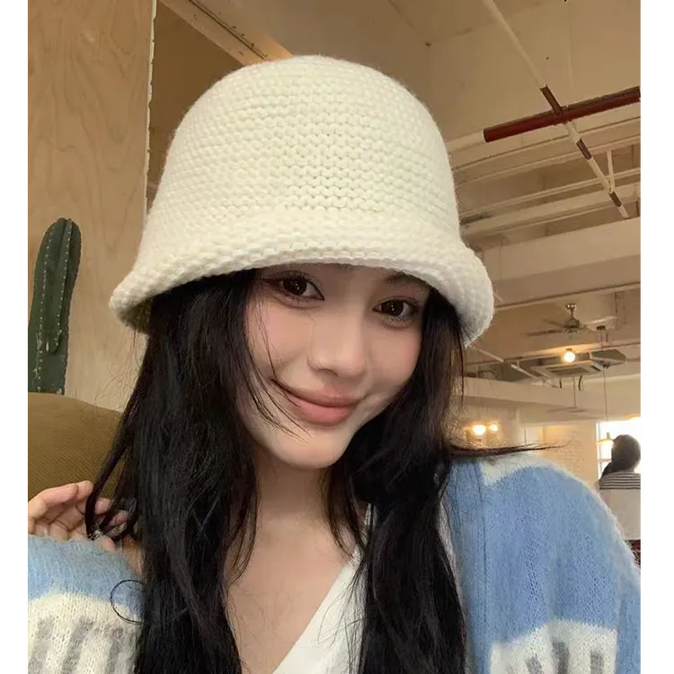 出口韩国粗针织卷边渔夫帽女秋冬季羊毛混纺大头围毛线帽保暖护耳
