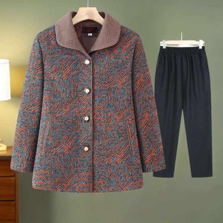 福态春秋加绒中老年女装条纹妈妈装翻领秋装老人休闲风外套奶奶装