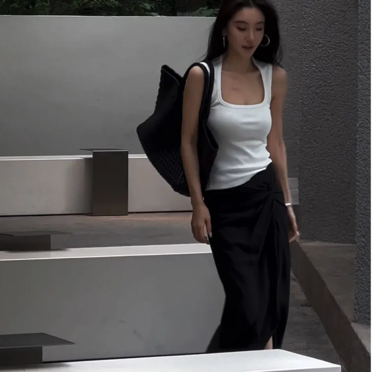 辣妹风欧美街头百搭无袖吊带背心女运动休闲方领打底U领上衣T恤夏